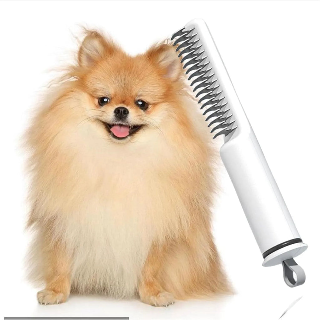 Stainless steel dematting comb with ergonomic handle for removing knots from dog or cat hair.