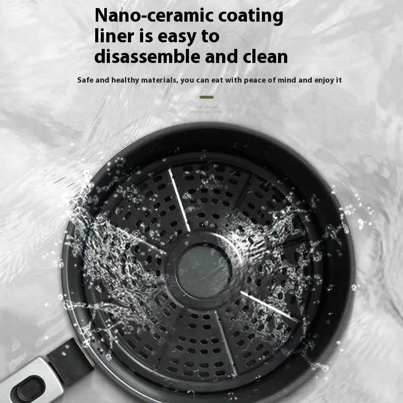Visible air fryer oven with mechanical buttons and 8-litre nano-ceramic coated pot