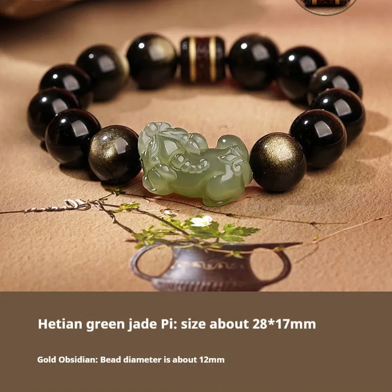 Traditional Chinese Hetian jade bracelet with black and red braided ropes and jade beads on elastic cord