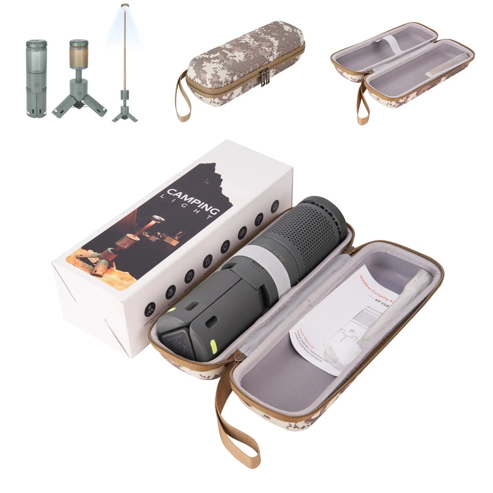 Portable camping LED light in off white or dark grey colour with button switch