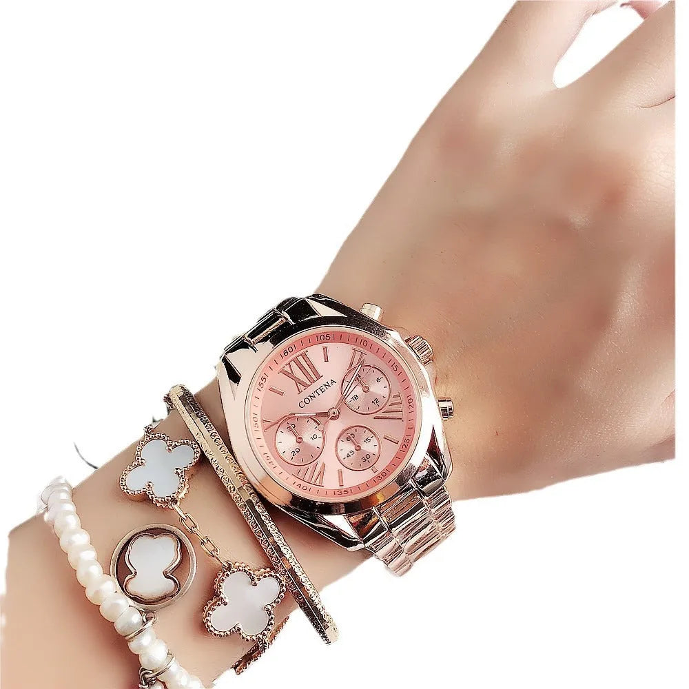 Women's silver and gold diamond quartz watch with mesh metal strap