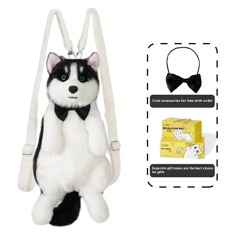 Husky plush simulation bag toy with a scarf in a colour gift box