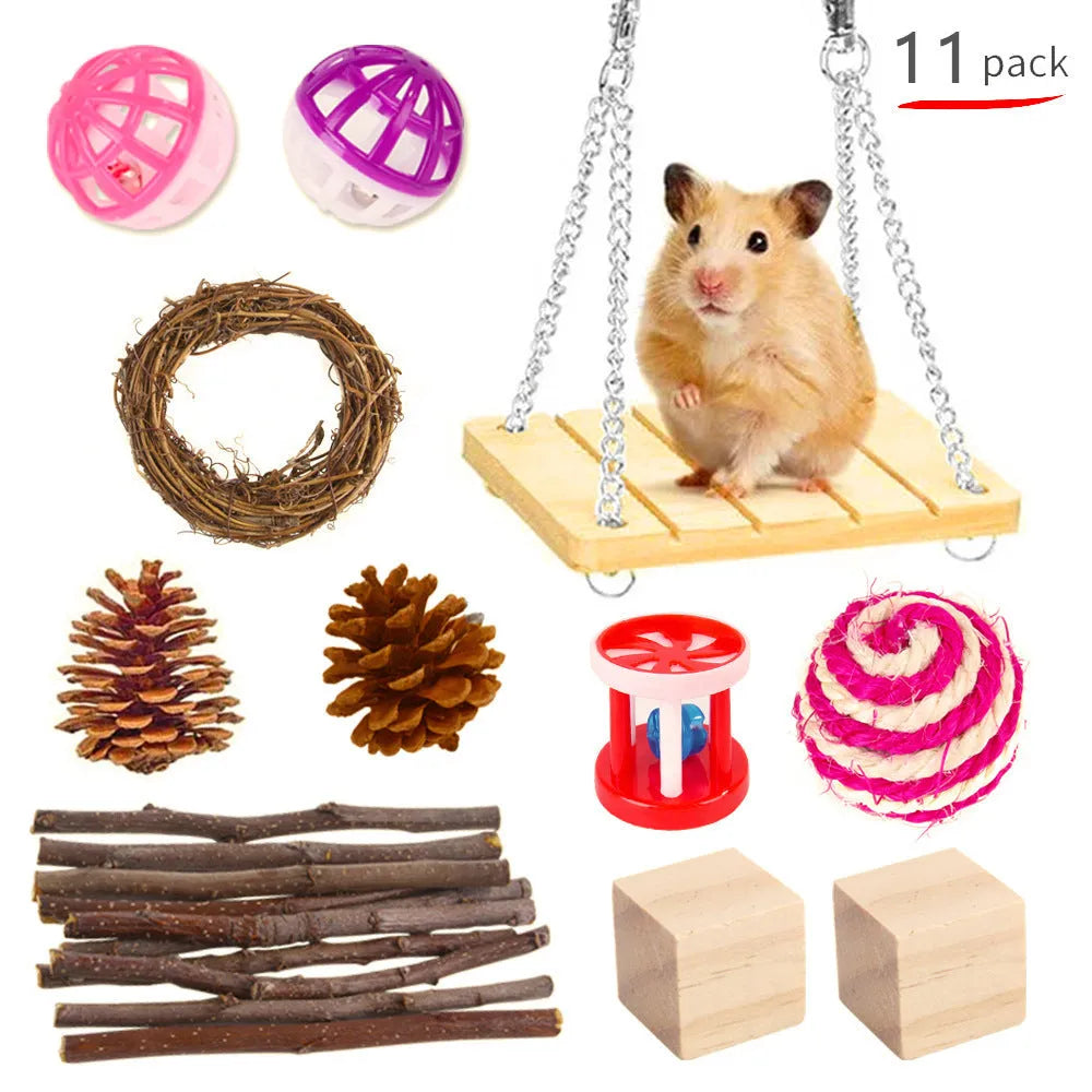 Wooden pet toy set with straw mats and woven balls for rabbits and guinea pigs