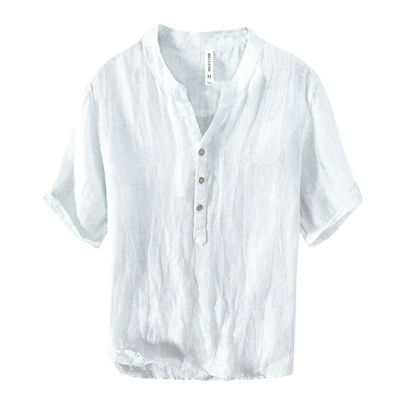 Retro linen pullover top in solid colour with short sleeves on mannequin