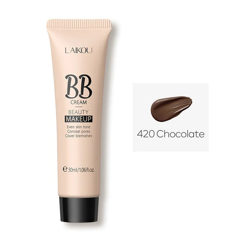 30ml tube of BB cream makeup shown with nine shade options from light to dark.