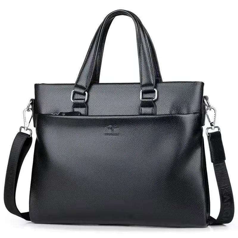 Men's black PU leather business messenger bag with crossbody strap showing 35cm width
