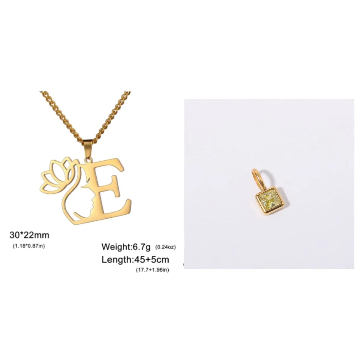 Stainless steel necklace with cross chain and a single initial pendant in a gold or silver finish.