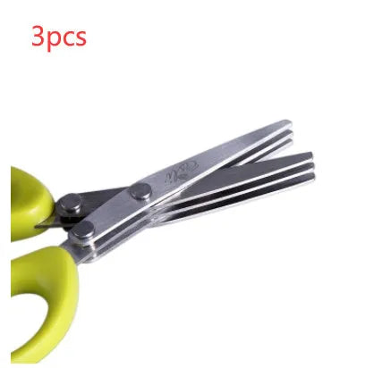 Green stainless steel multi-blade herb scissors with V-shaped design for cutting nori and green onions.