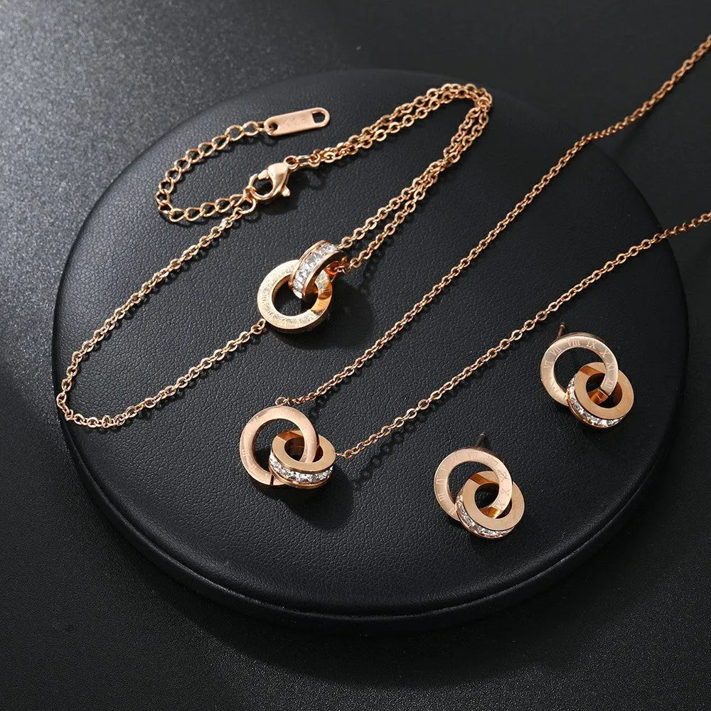 Rome double ring titanium steel necklace for women with steel grey electroplated finish on O-link chain