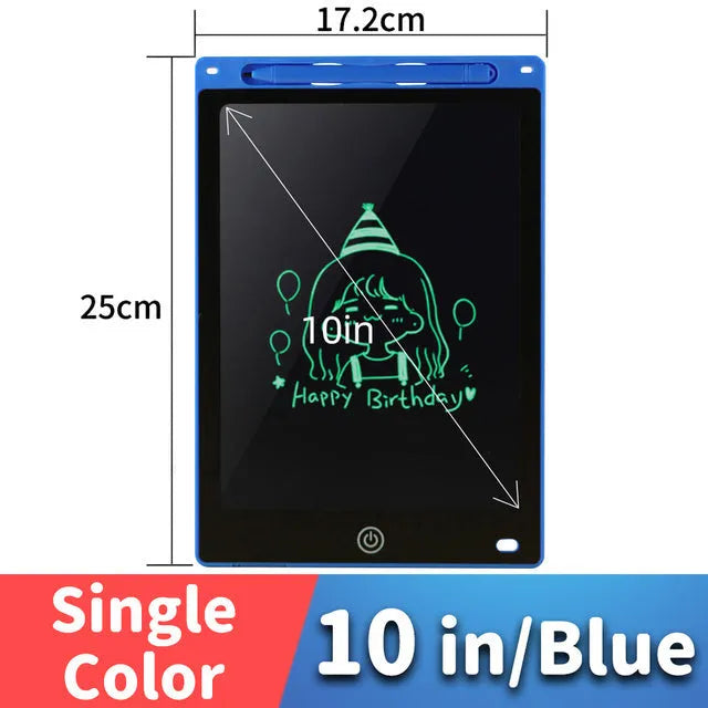 LCD drawing tablet for kids in light blue, showing colourful lines drawn with a plastic stylus.