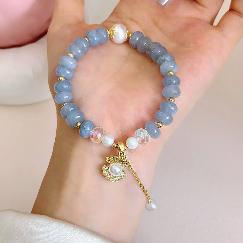 Natural aquamarine pearl and shell healing bracelet with adjustable closure