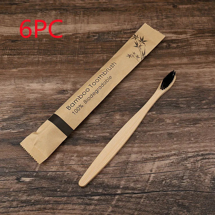 Set of 10 bamboo toothbrushes in multiple colours showing natural bamboo handles and soft bristles