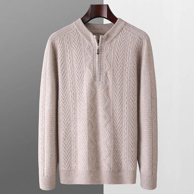 Men's pure wool diamond lattice pattern half-zip loose fit sweater in light camel colour
