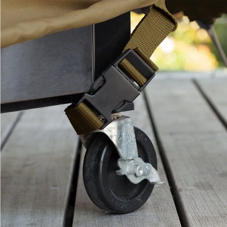 Beige polyester outdoor barbecue dust cover shown folded, with size options listed.