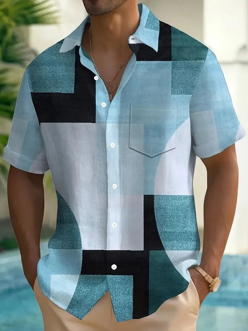 Men's loose fit cardigan shirt with retro geometric 3D printed squares in contrast colours