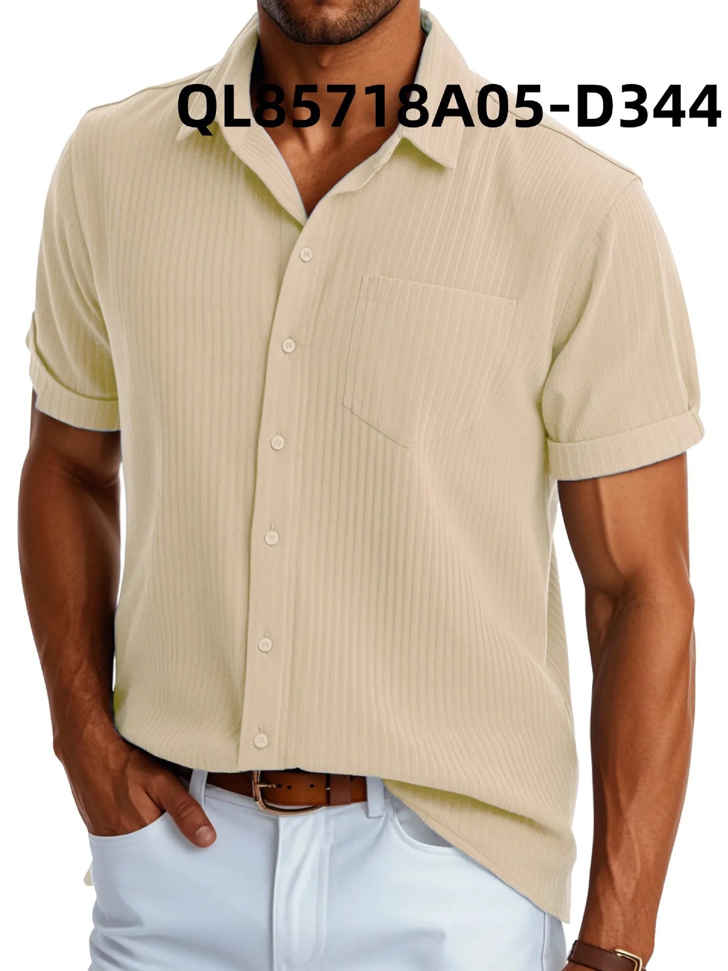 Men's loose fit printed polyester casual shirt with short sleeves and lapel