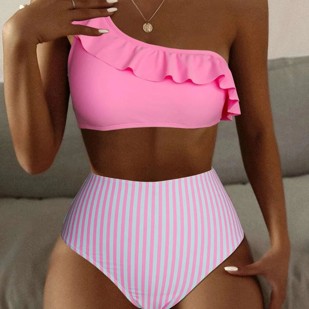 Women's striped solid colour split bikini swimsuit on a mannequin, showing the sleeveless top and briefs.