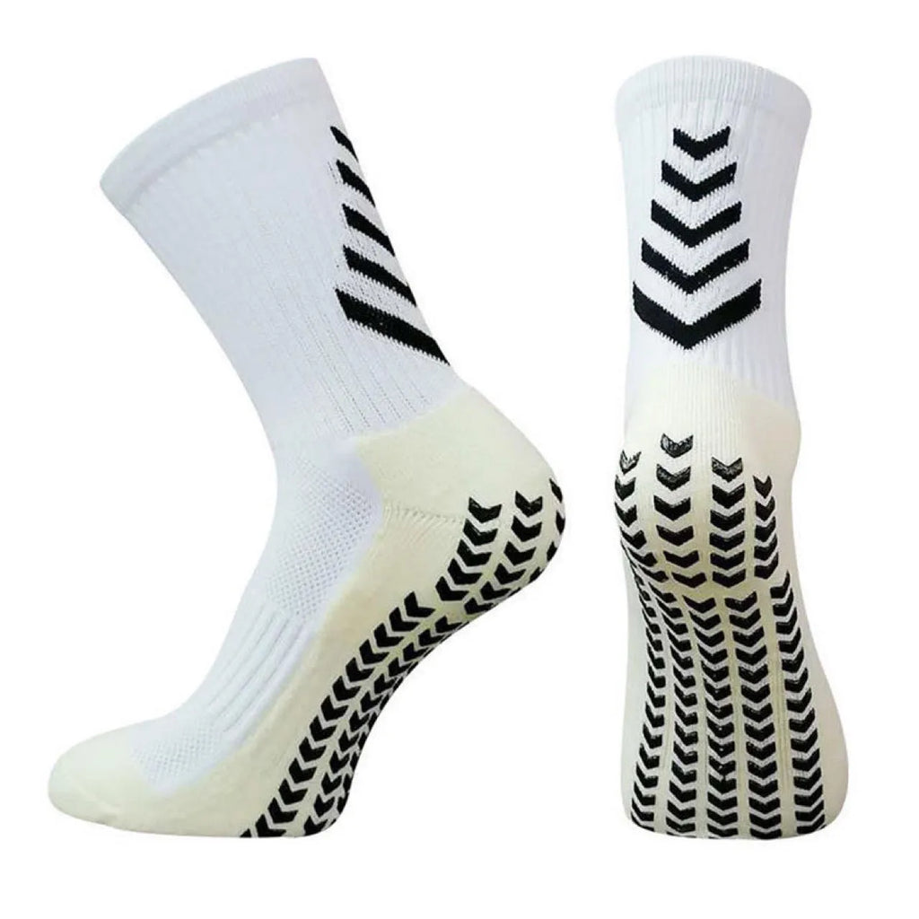 Men's mid-calf athletic socks with non-slip silicone grip, arrow black design, polyester thickened construction for running and football