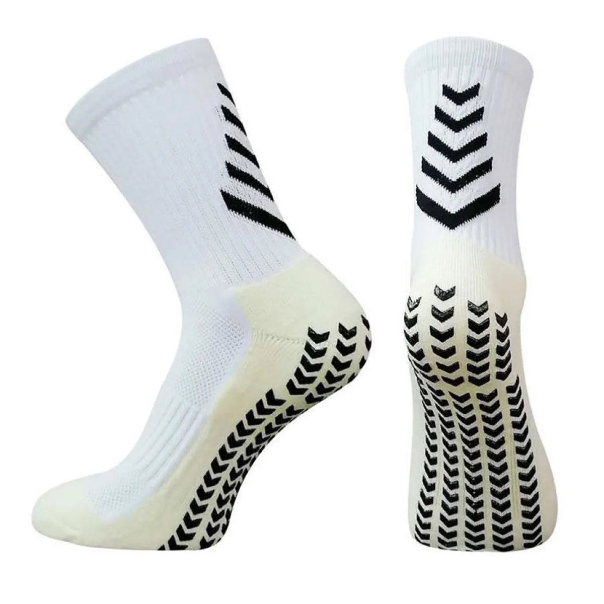 Men's mid-calf athletic socks with non-slip silicone grip, arrow black design, polyester thickened construction for running and football
