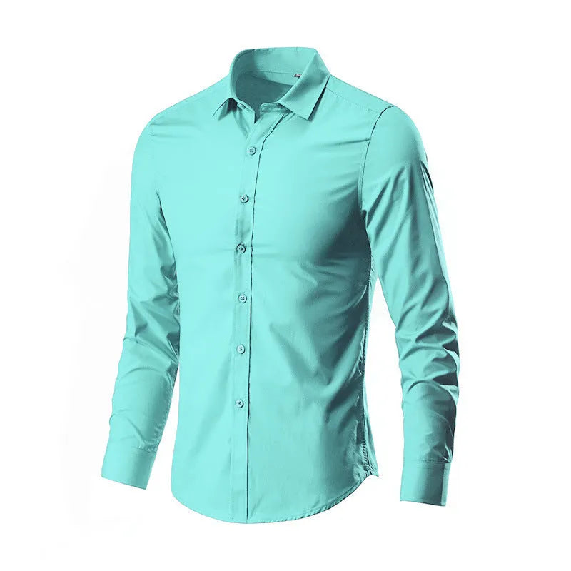 Man wearing a loose-fit light grey linen long-sleeve shirt, casual slim style.