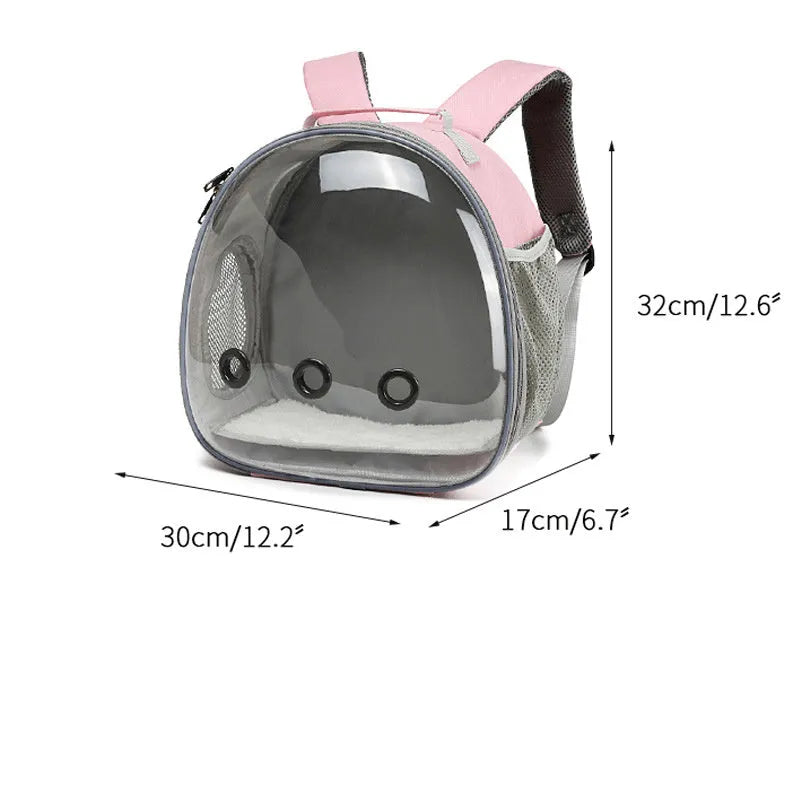 Pet backpack hamster carrier with clear bubble window in black showing side mesh vent