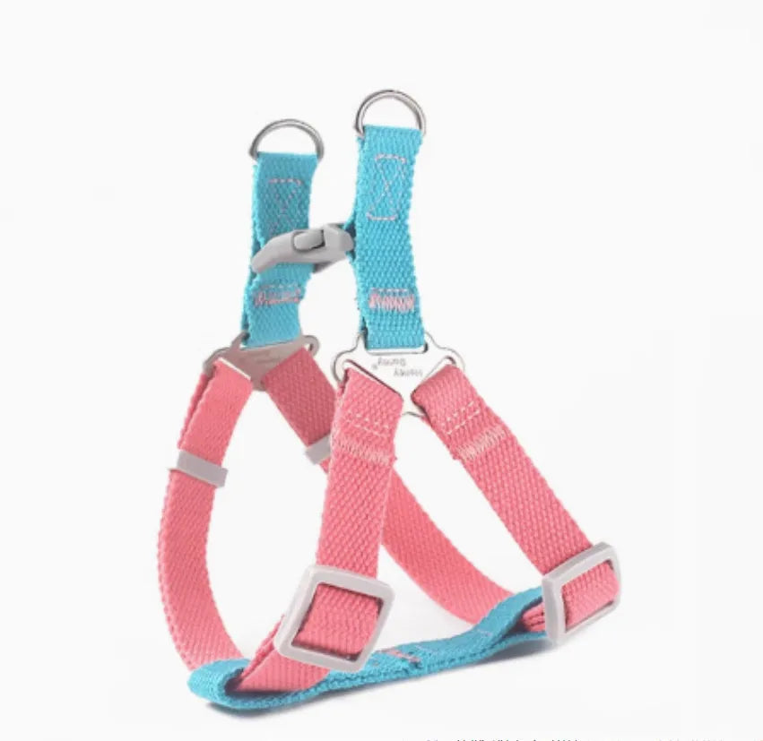 Contrast colour vest-style pet chest-back traction dog leash with lock release buckle in blue yellow
