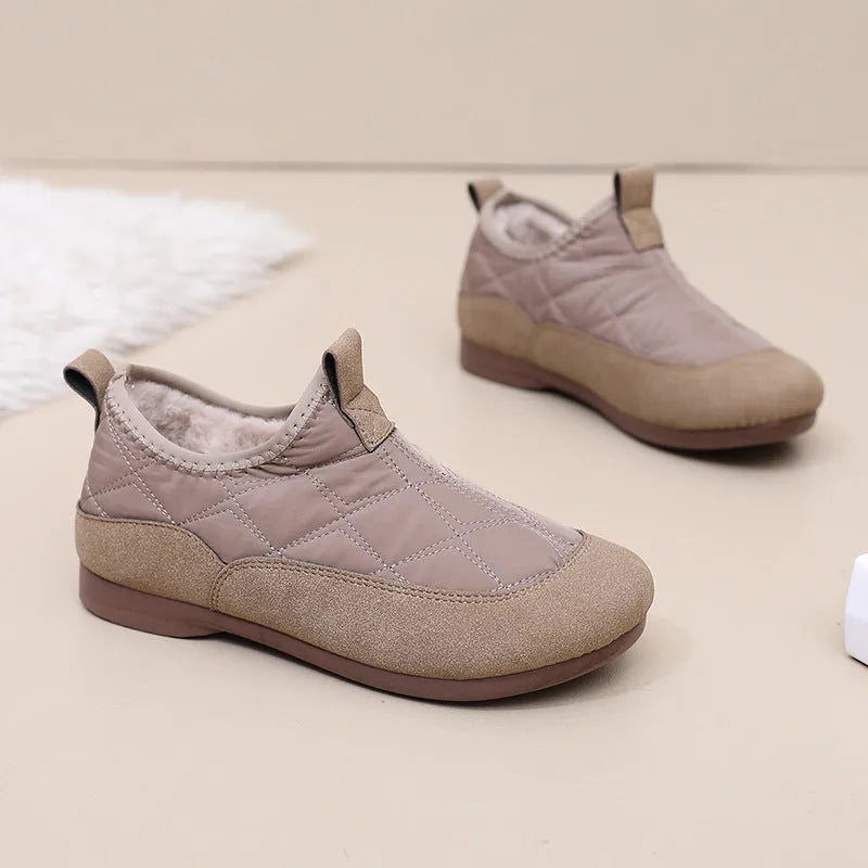 Women's winter cloth shoes with velvet lining, flat gommino sole, solid colour, umbrella cloth upper, slip-on style