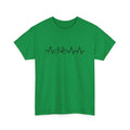 Green cotton short-sleeve t-shirt with a printed niche letter design on the front.