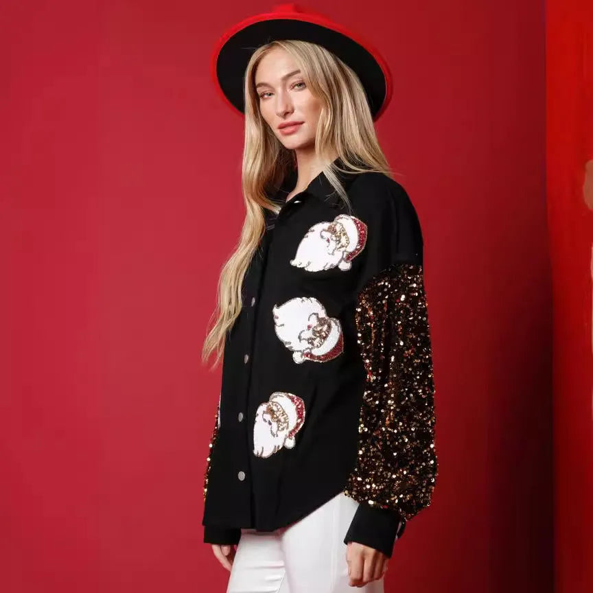 Women's black long-sleeved button fleece shirt with Santa Claus pattern and sequined sleeves on both sleeves