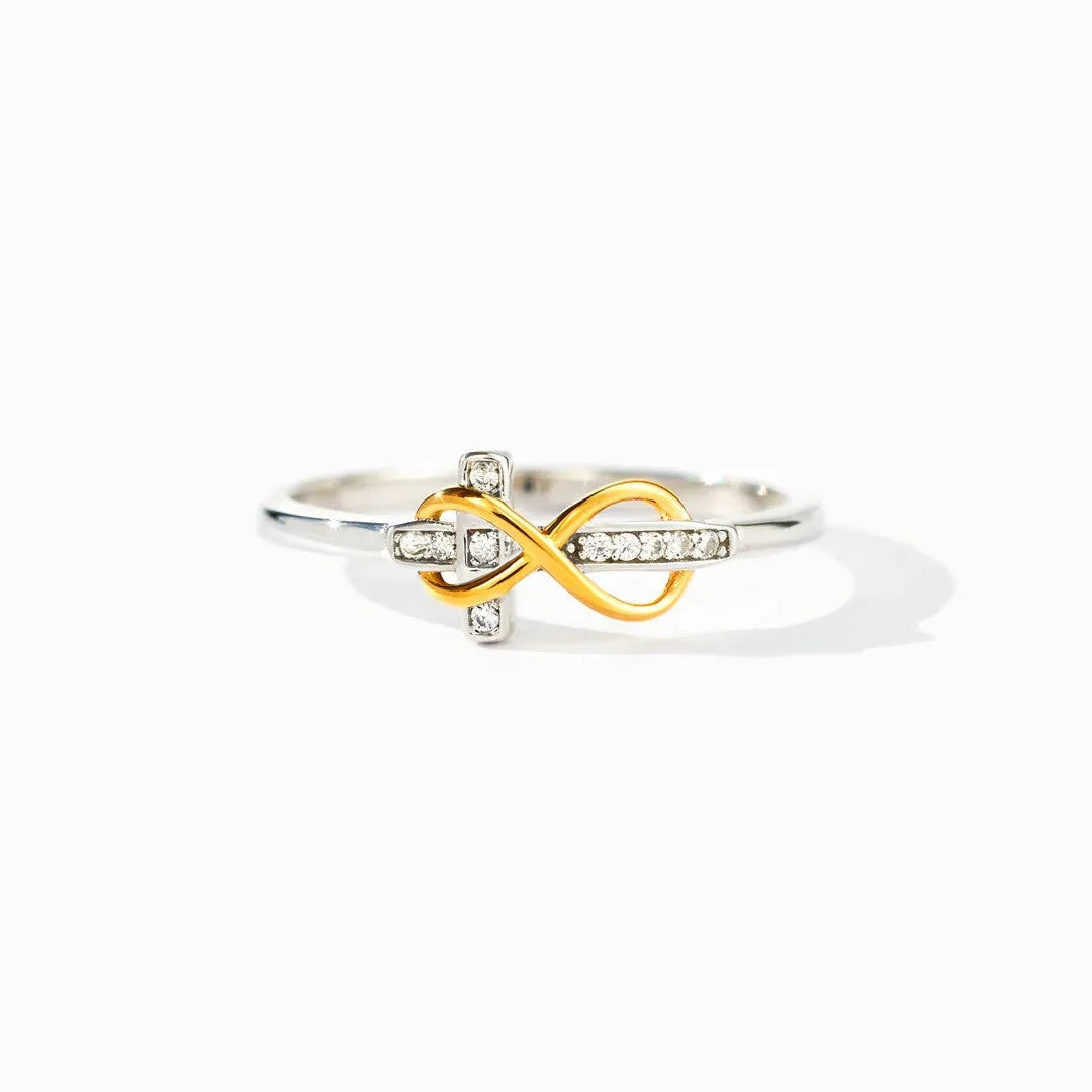 S925 sterling silver two-tone infinite cross ring with geometric line design and adjustable opening