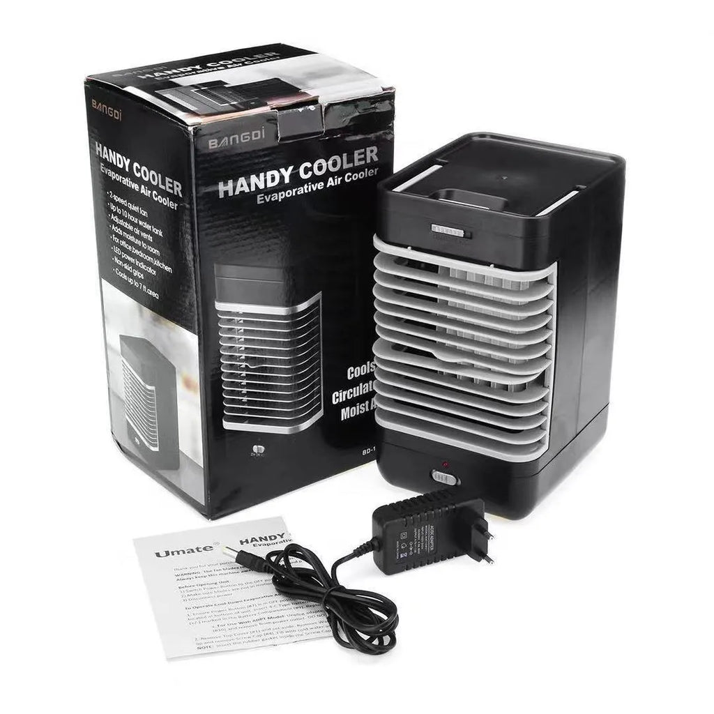Portable vertical USB evaporative air cooler in black with water tank and ice cube function on a desk