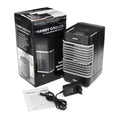 Portable vertical USB evaporative air cooler in black with water tank and ice cube function on a desk