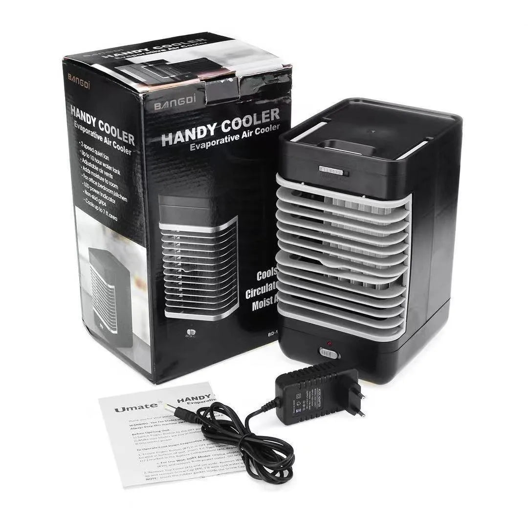 Portable vertical USB evaporative air cooler in black with water tank and ice cube function on a desk