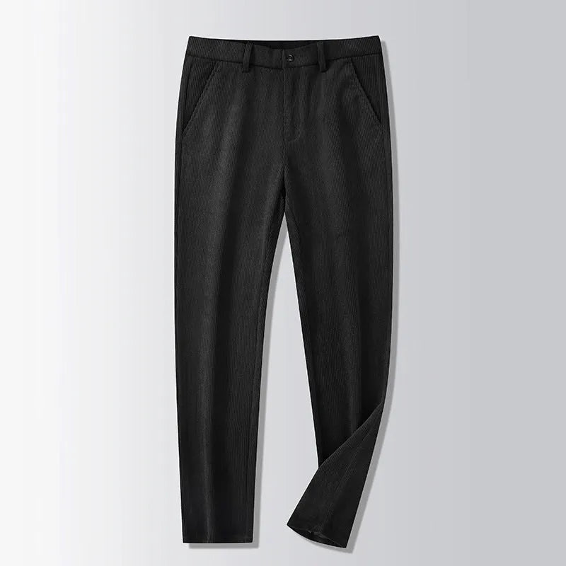 Straight-leg striped trousers in a khaki colour, showing the zip fly front and classic fit.