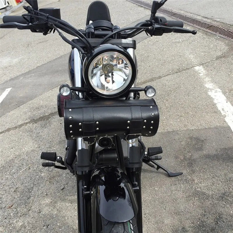 Black PU leather motorcycle bag with tie ropes, size 310x135x135mm, for electric vehicle modification storage