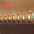 Circle geometric zircon stud earrings in gold, rose gold, and silver colours showing 5mm to 12mm size range