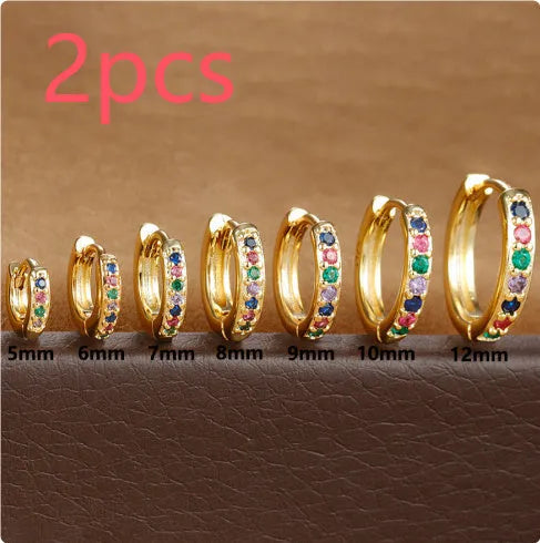 Circle geometric zircon stud earrings in gold, rose gold, and silver colours showing 5mm to 12mm size range