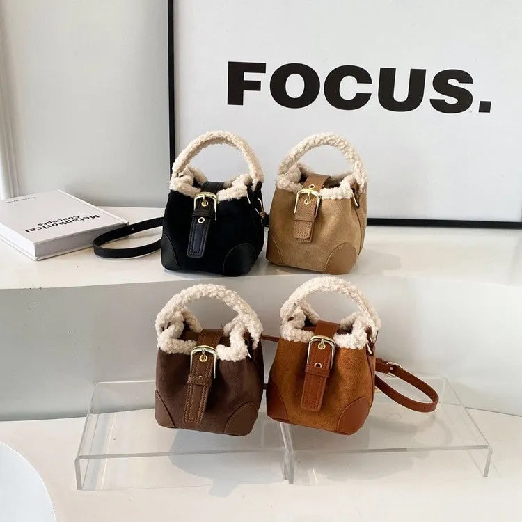 Women's retro plush PU crossbody bag in brown with single shoulder strap