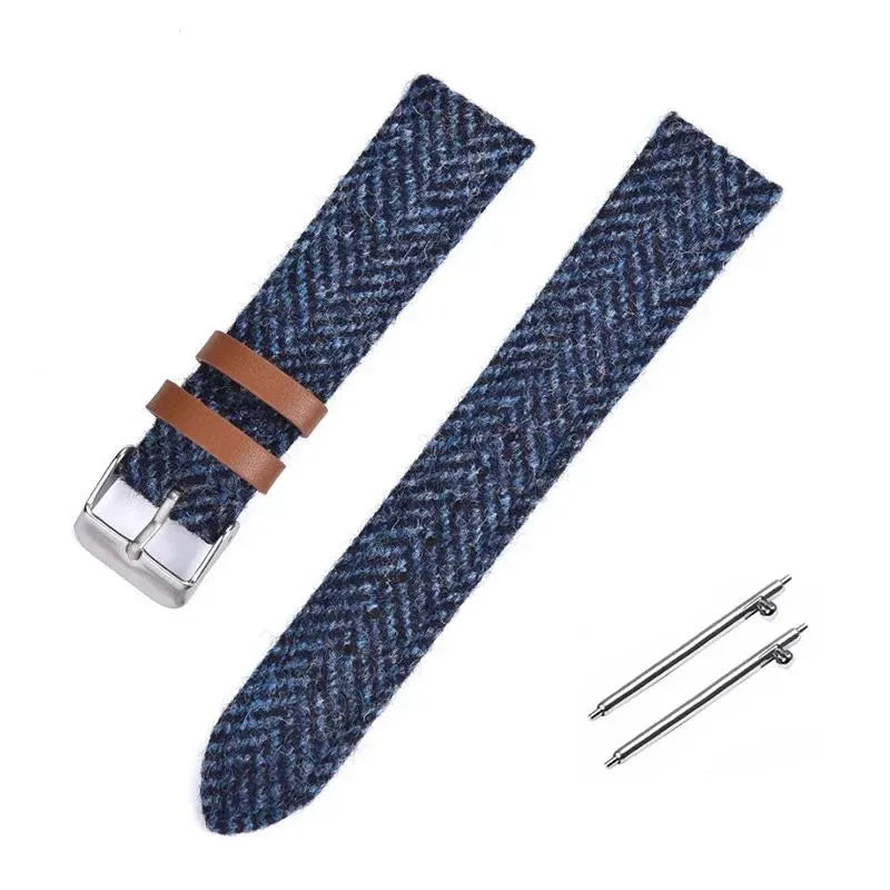 Harris woolen fabric watch strap in khaki with leather lining and stainless steel buckle, 20mm width