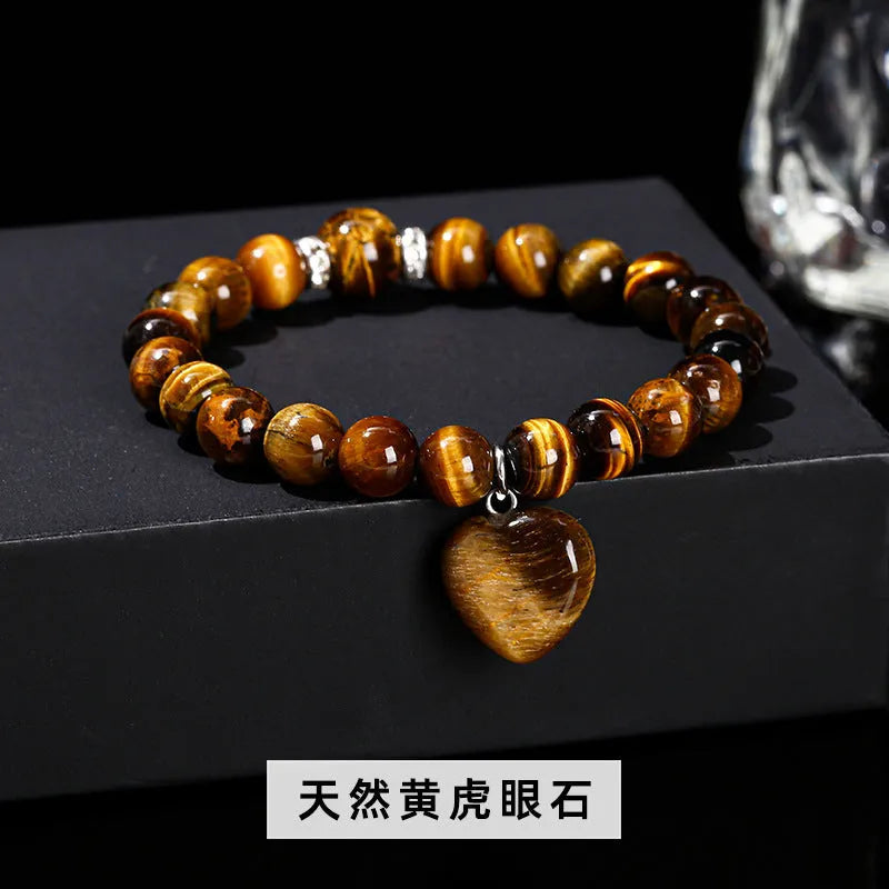 Handmade natural crystal bracelet with six stone types in geometric round beads, showing 8mm and 10mm purity size options