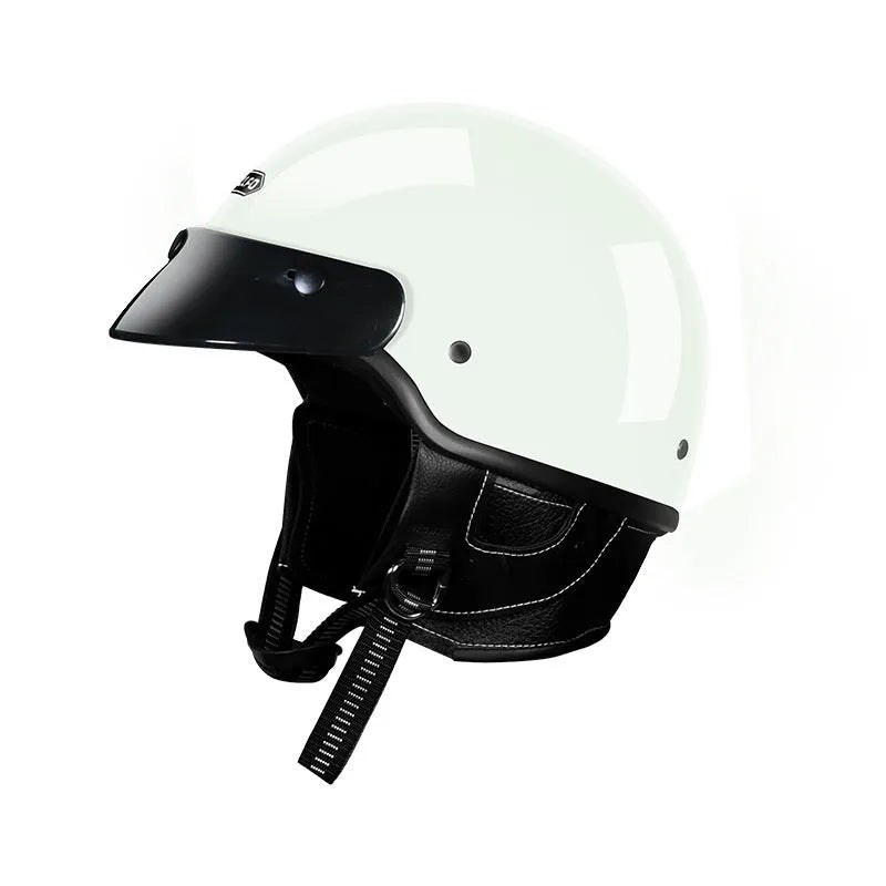 Retro style motorcycle helmet on a solid background, shown in a choice of ivory white, black, or grey.