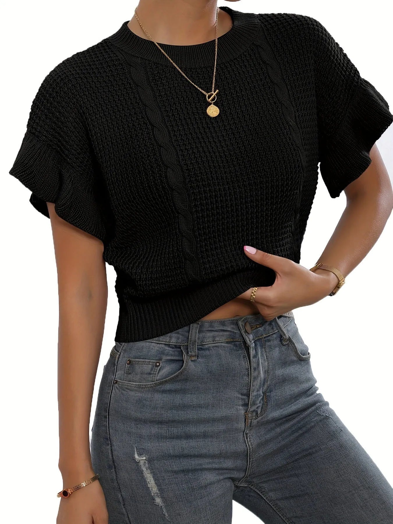 Twisted string design knitted pullover sweater with ruffled short sleeves in loose fit.