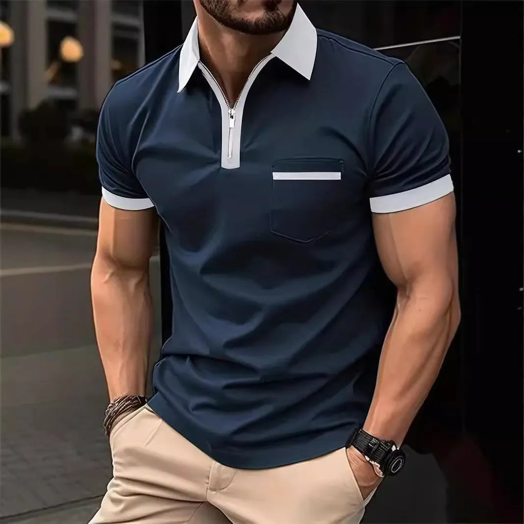 Men's casual short sleeve shirt with chest pocket and zip decoration in loose fit