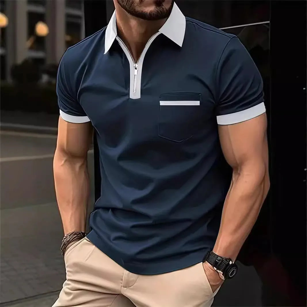Men's casual short sleeve shirt with chest pocket and zip decoration in loose fit