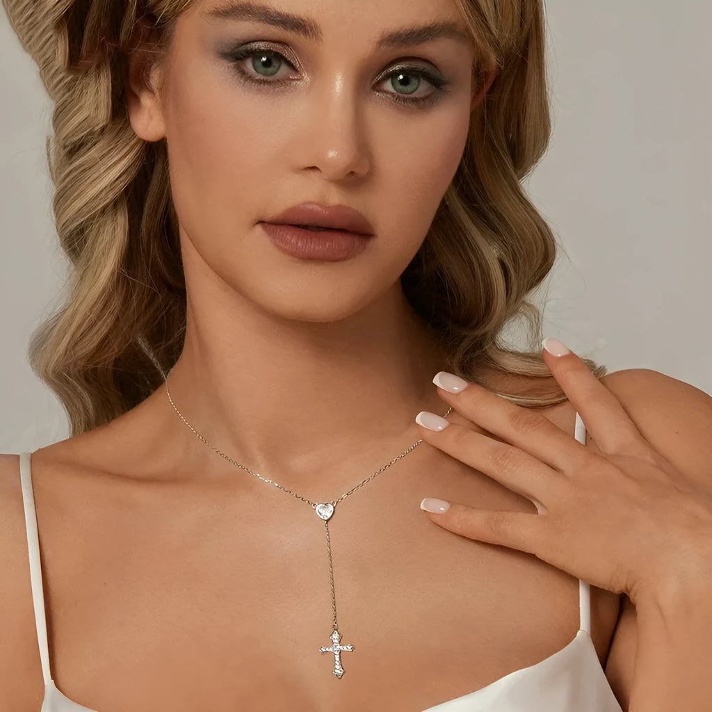 Silver love cross necklace for women with V-neck design and O-ring chain in colour BSN384