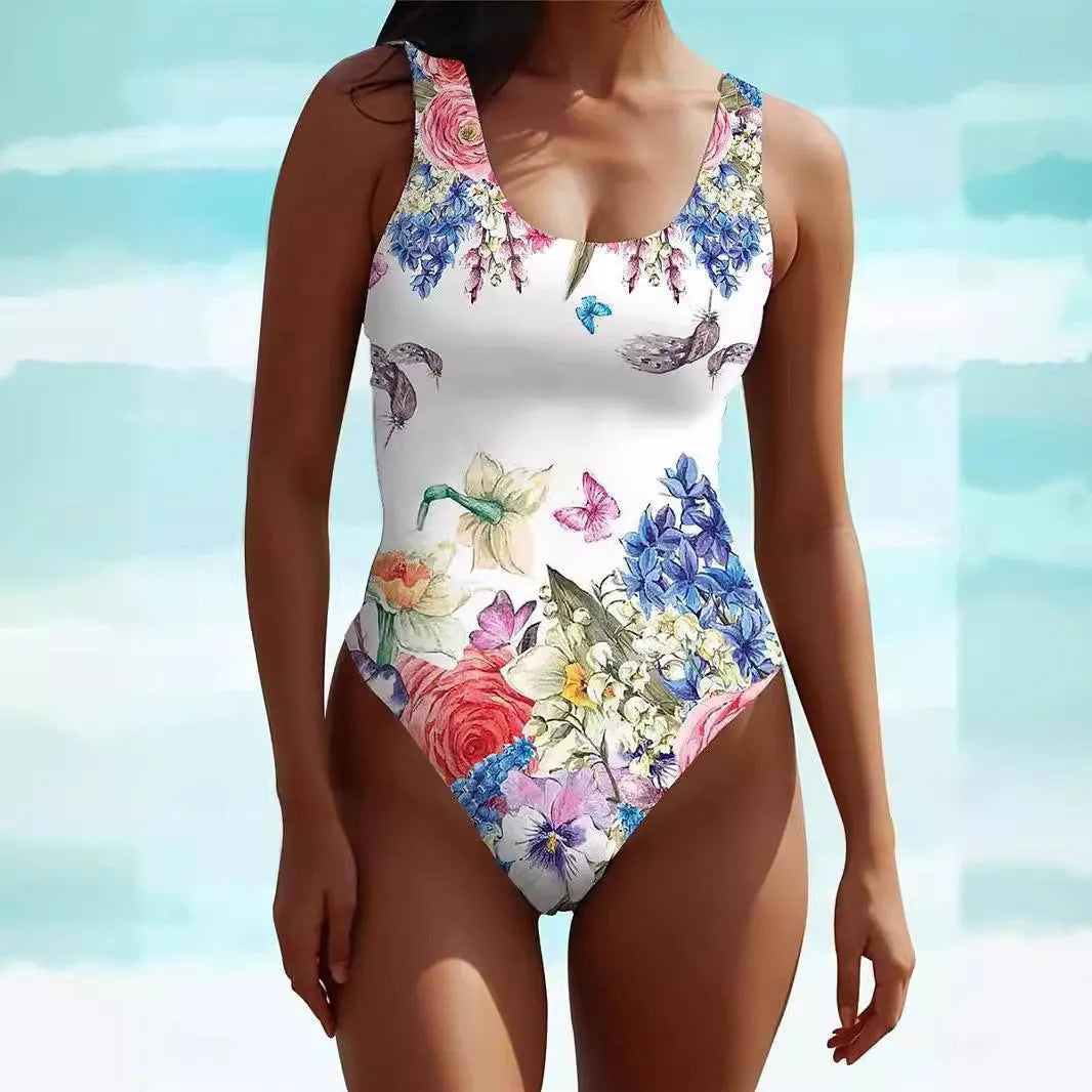 Women's sleeveless bohemian style swimsuit dress in spandex fabric with artistic retro patterning