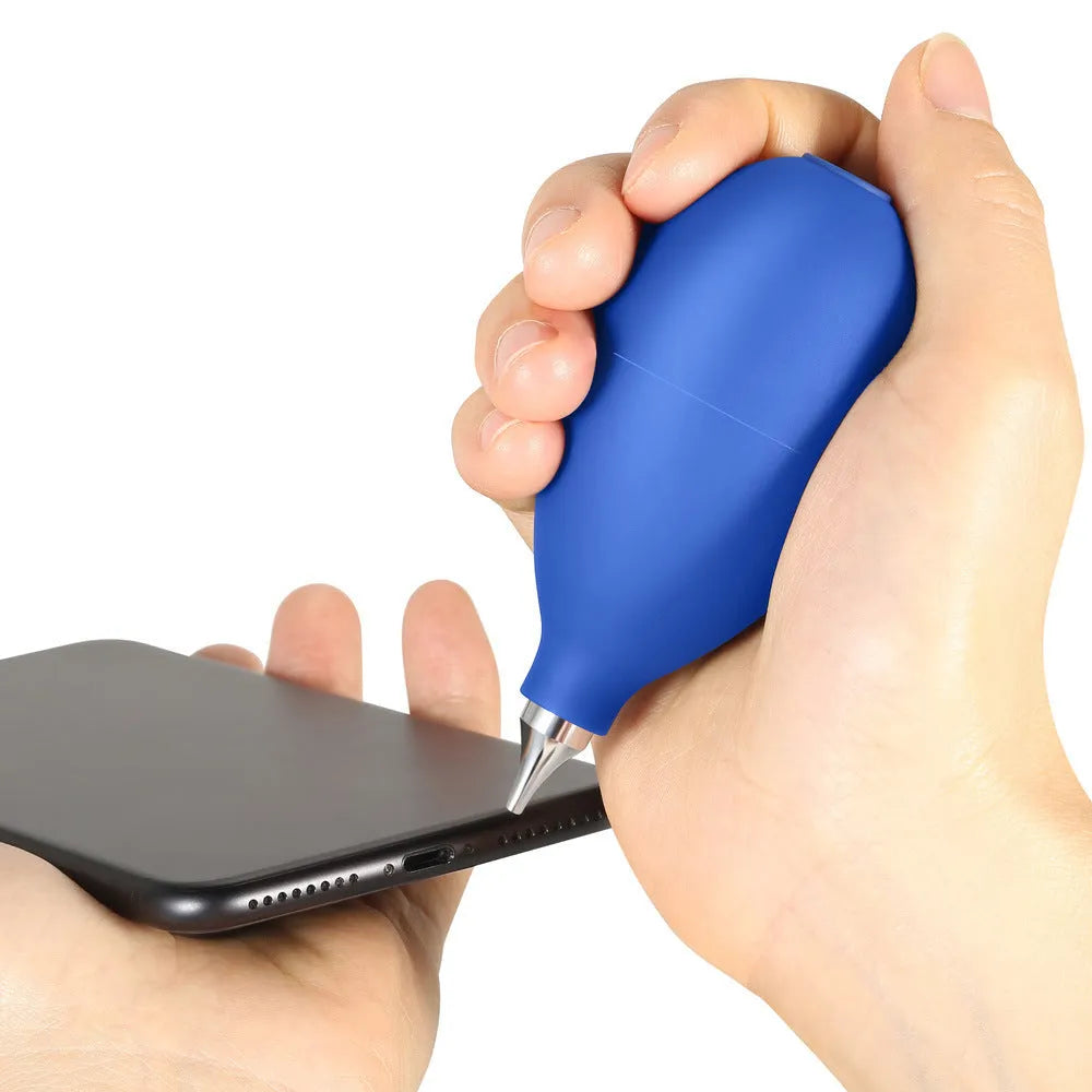 Blue rubber dust removal air blowing ball for cleaning camera lenses and phone screens.