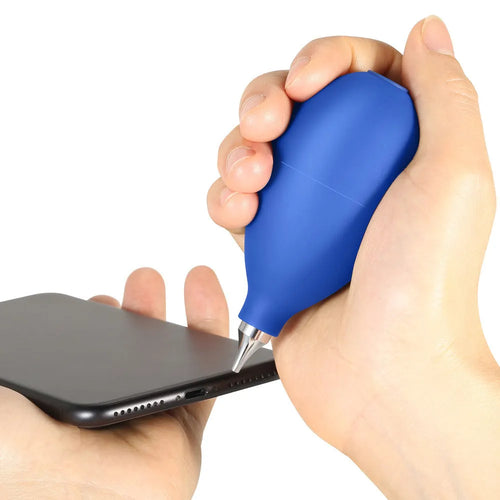 Blue rubber dust removal air blowing ball for cleaning camera lenses and phone screens.
