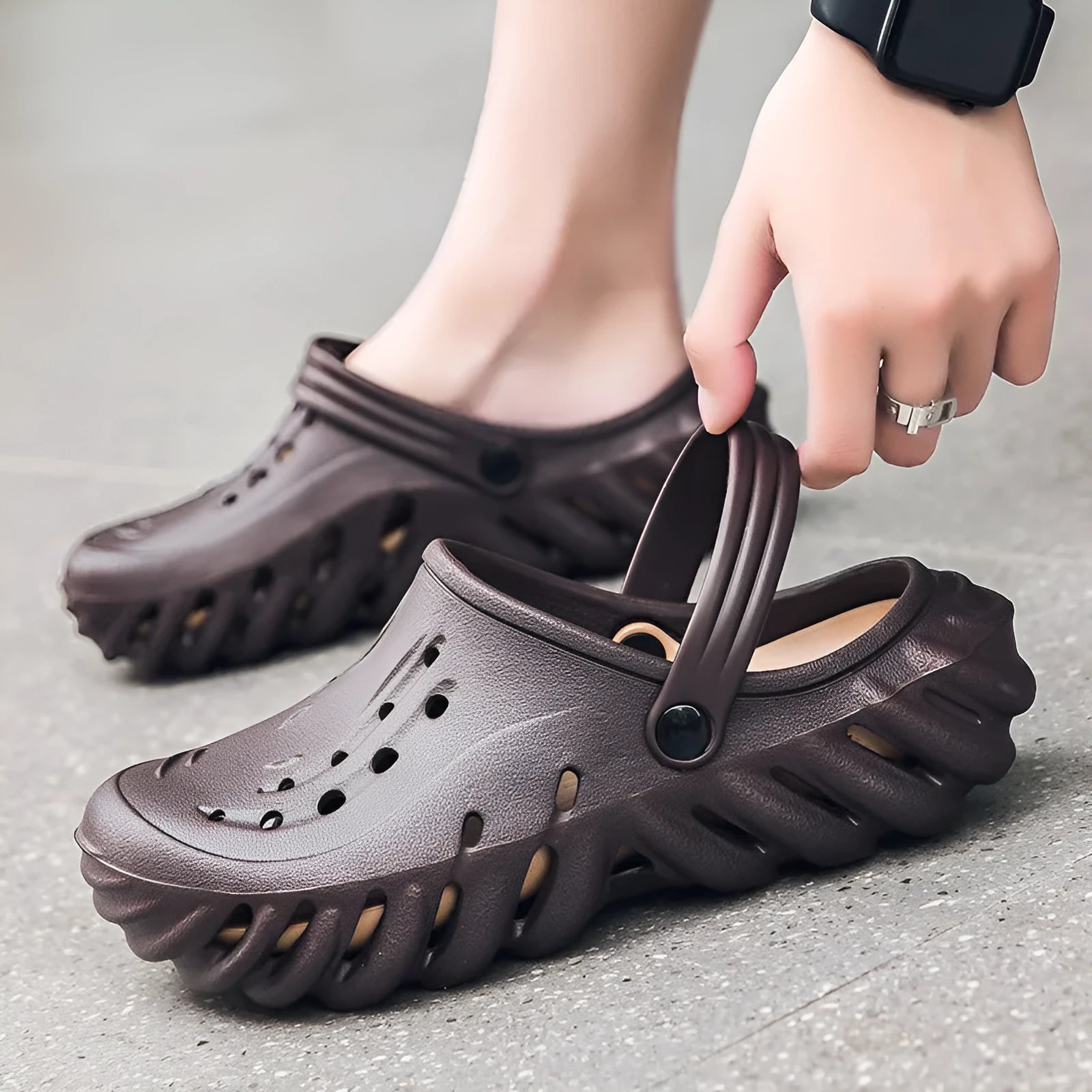 Men's beige EVA slipper sandals with hollow-out holes and round-toe design for outdoor wear