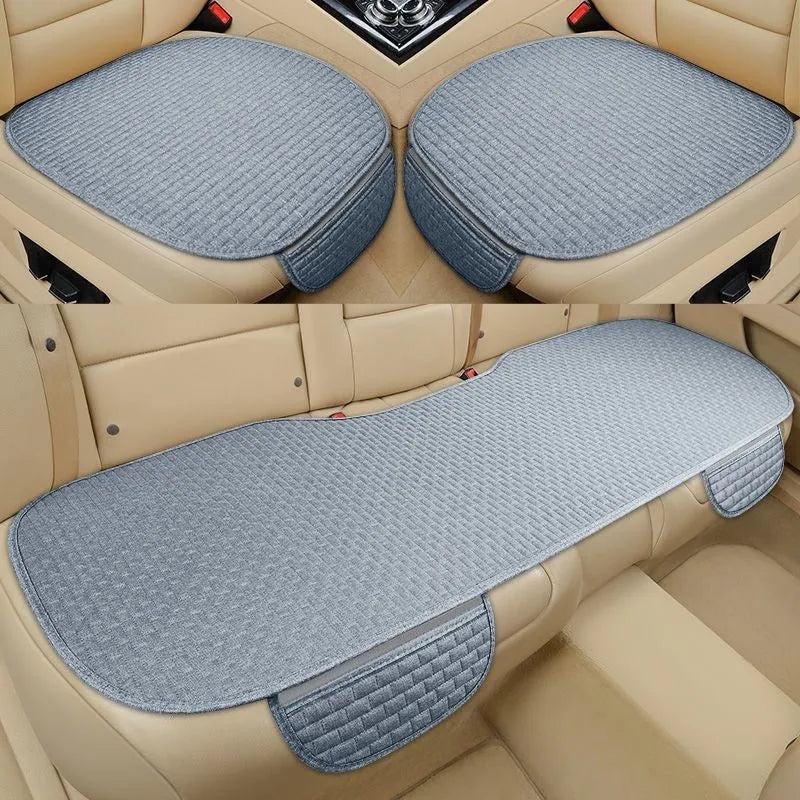 Linen car seat cushion with hemmed edge in charm coffee colour, shown on a car seat.